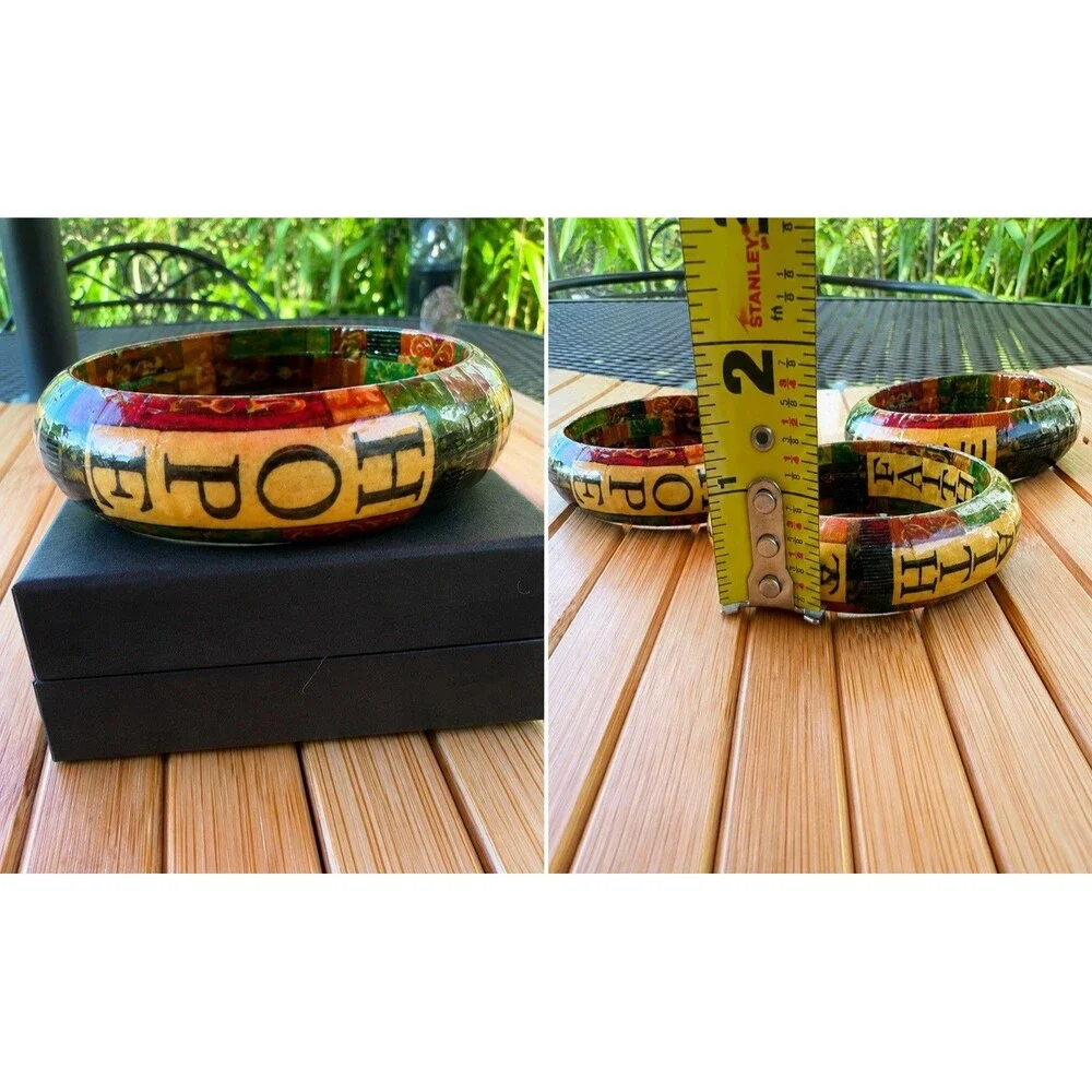 Vintage Handcrafted Decoupage Resin Bangle Bracelets Faith Hope & Peace Set of 3